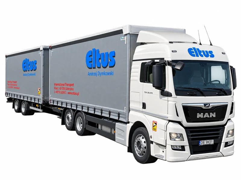 Ciężarówka MAN TGX ELTUS z przyczepą – widok z przodu